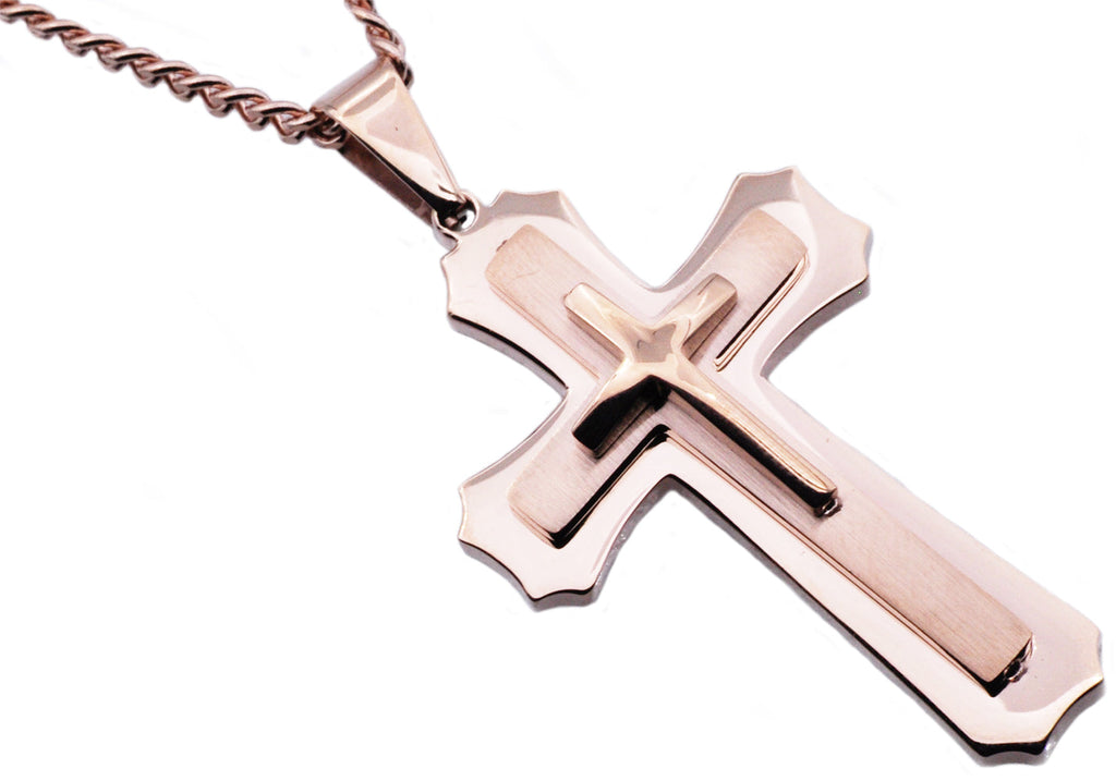 Mens Rose Stainless Steel Layered Cross Pendant Necklace