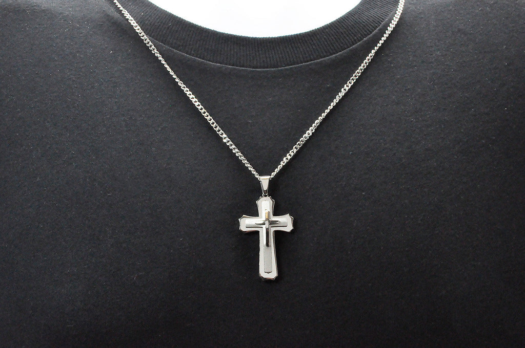 Mens Stainless Steel Layered Cross Pendant Necklace