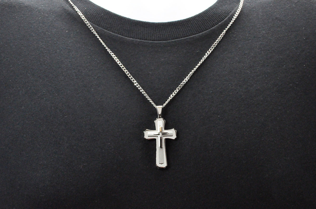 Mens Stainless Steel Layered Cross Pendant Necklace