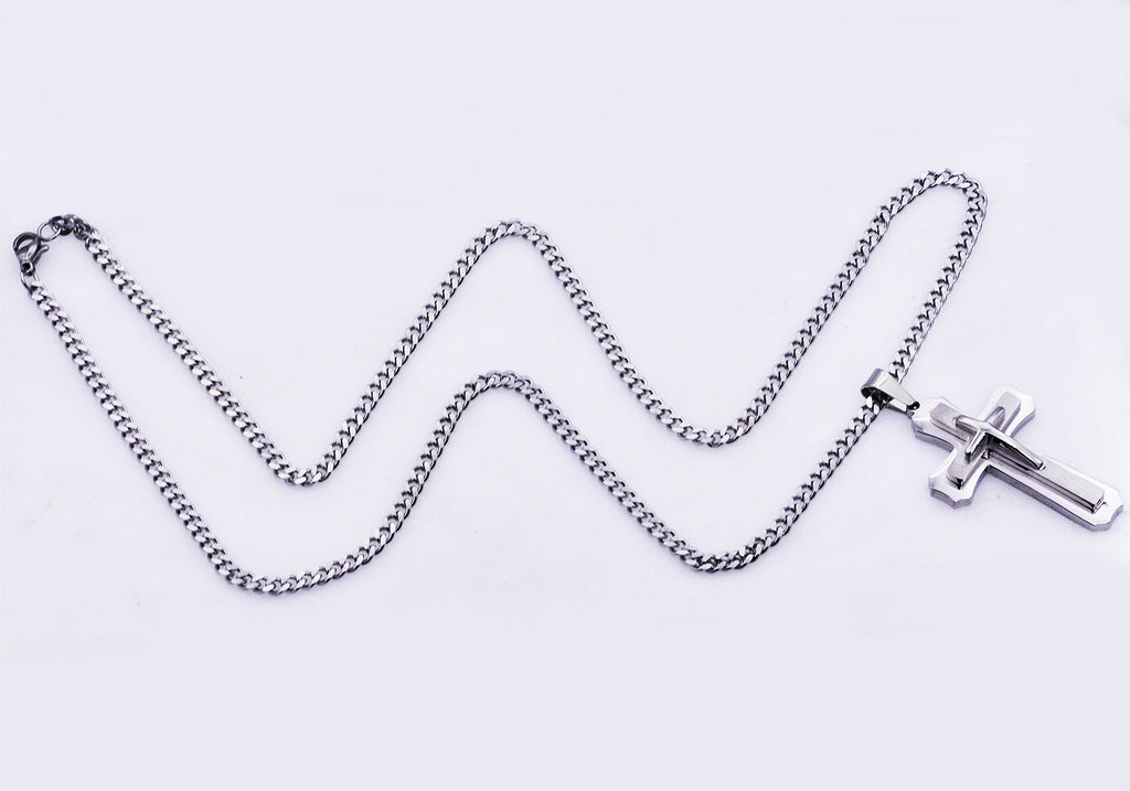 Mens Stainless Steel Layered Cross Pendant Necklace