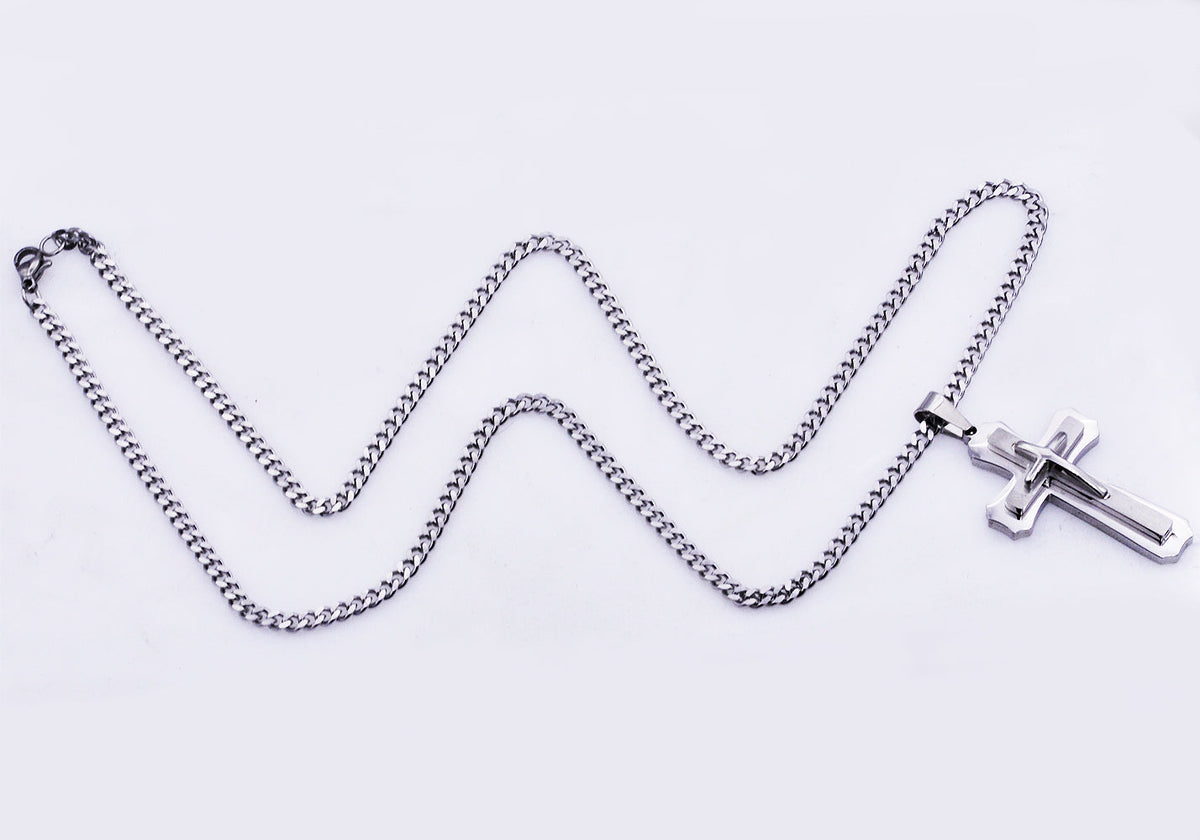Mens Stainless Steel Layered Cross Pendant Necklace
