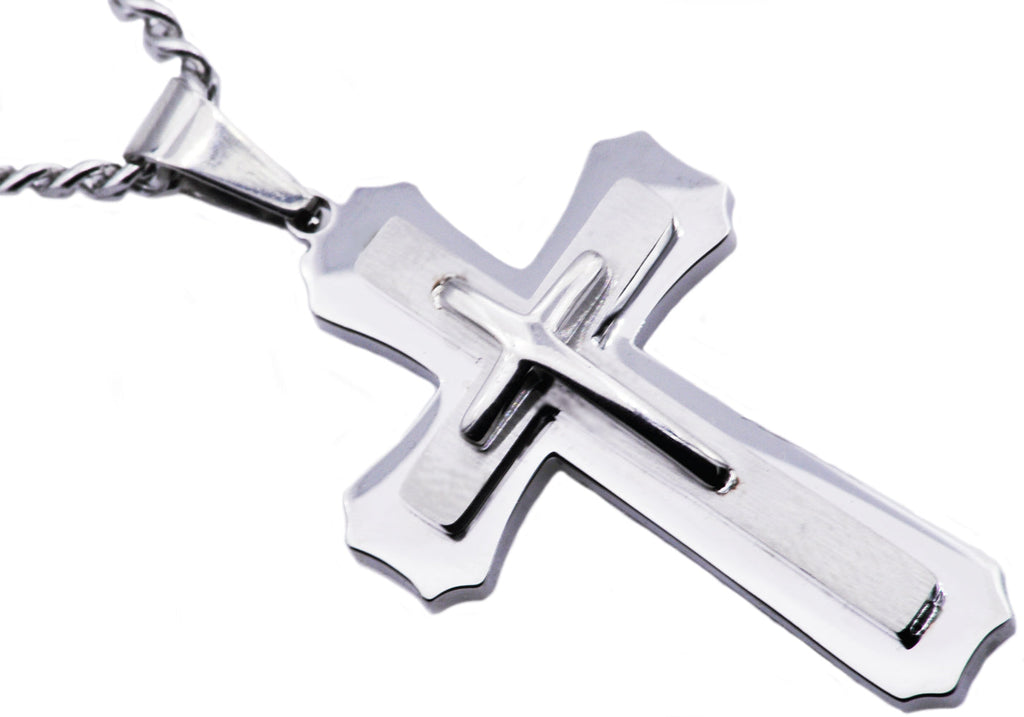 Mens Stainless Steel Layered Cross Pendant Necklace
