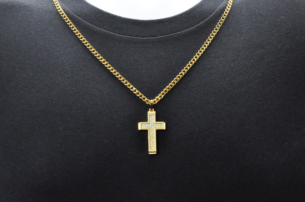Mens Gold Stainless Steel Cross Pendant With Cubic Zirconia