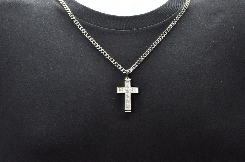 Mens Stainless Steel Cross Pendant With Cubic Zirconia