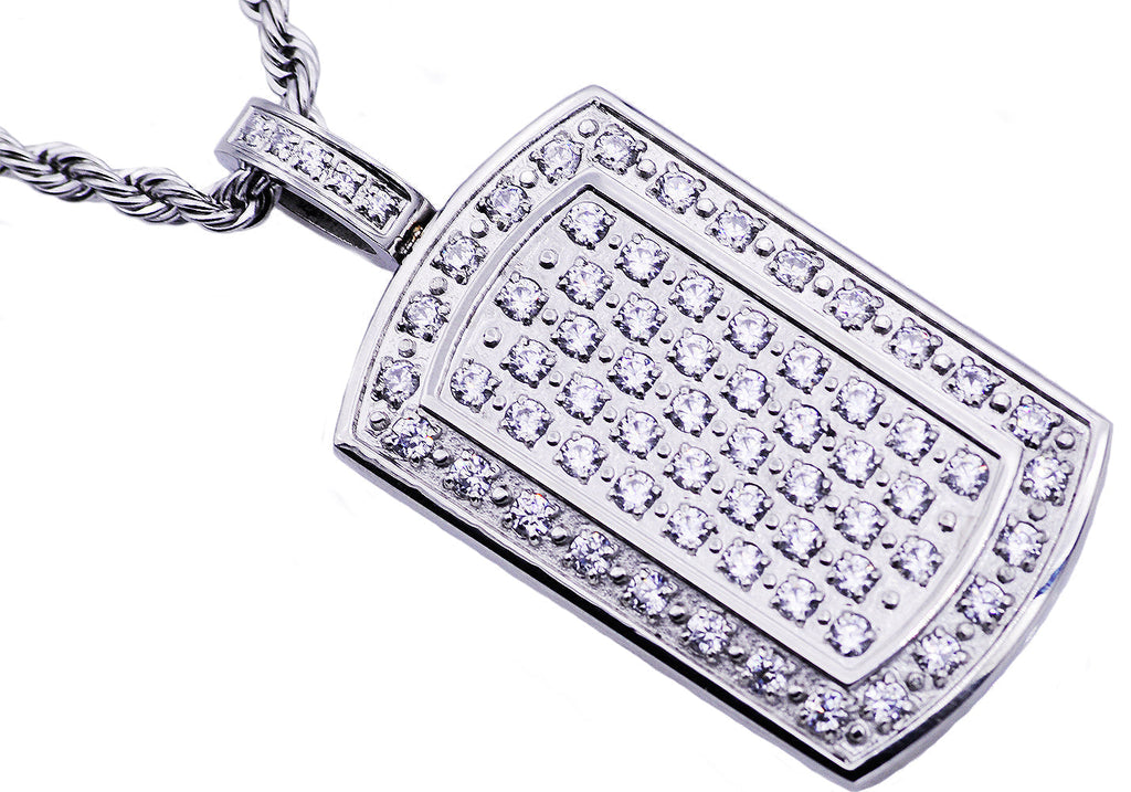 Mens Stainless Steel Dog Tag Pendant With Cubic Zirconia