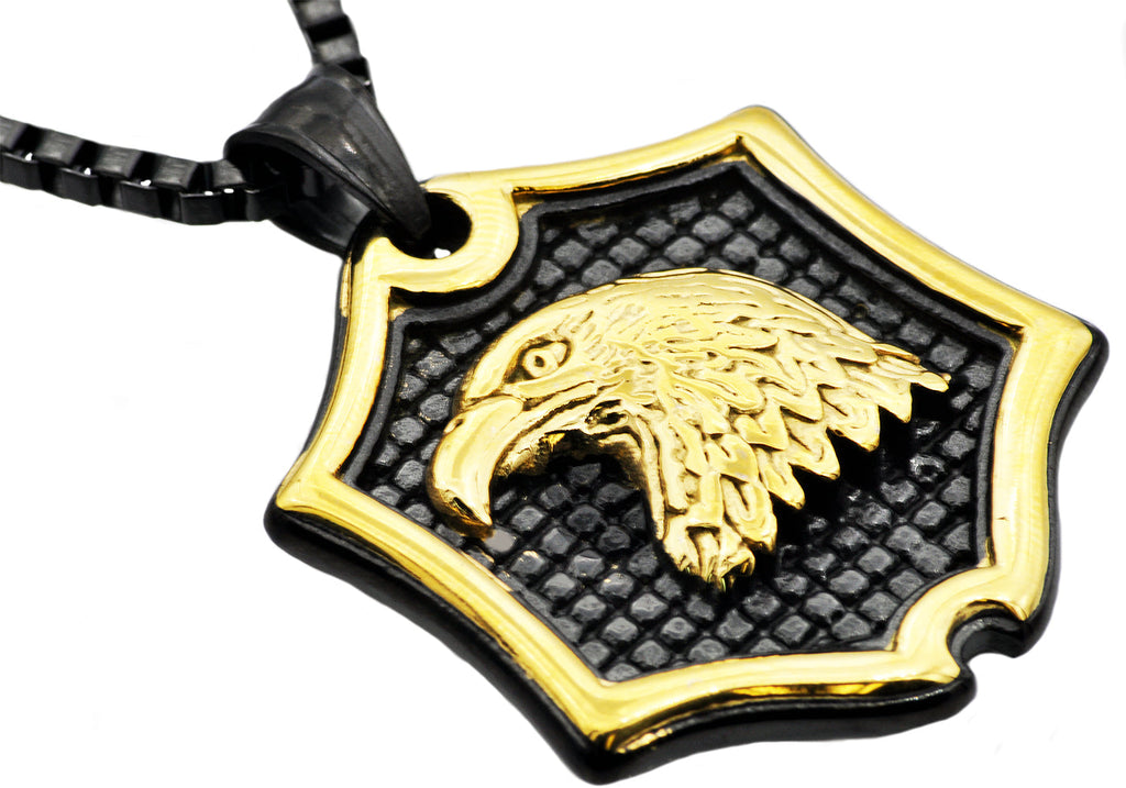 Mens Black And Gold Stainless Steel Eagle Pendant Necklace