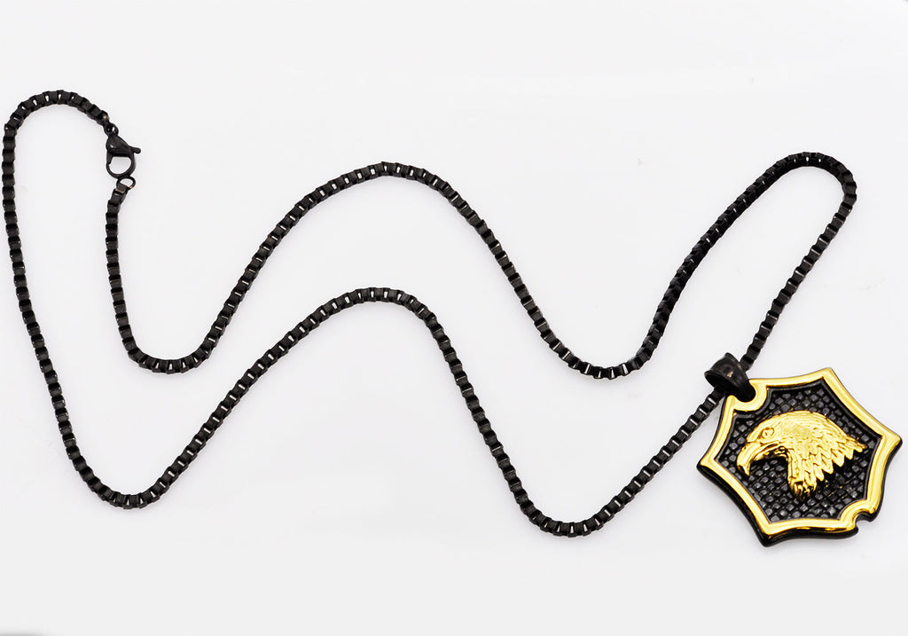 Mens Black And Gold Stainless Steel Eagle Pendant Necklace