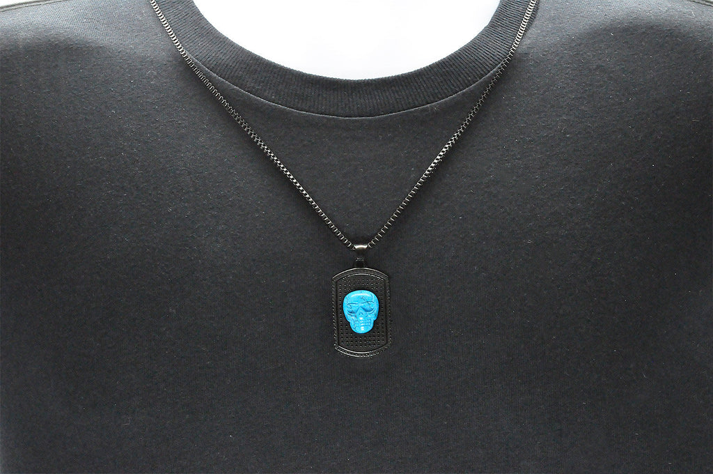Mens Black Stainless Steel Turqoise Skull Dog Tag Pendant
