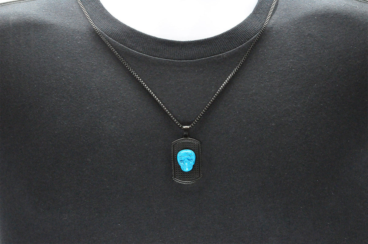 Mens Black Stainless Steel Turqoise Skull Dog Tag Pendant