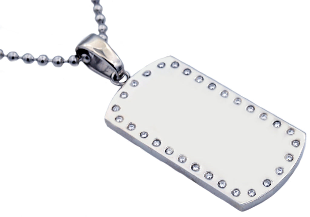 Mens Engravable Dog Tag Stainless Steel Pendant Necklace With Cubic Zirconia