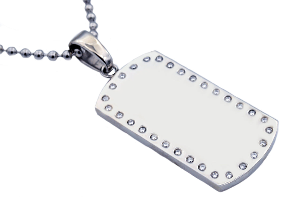 Mens Engravable Dog Tag Stainless Steel Pendant Necklace With Cubic Zirconia