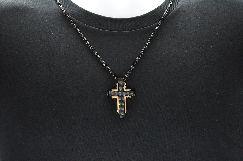 Mens Black And Rose Stainless Steel Textured Cross Pendant Necklace