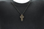 Mens Black And Rose Stainless Steel Textured Cross Pendant Necklace