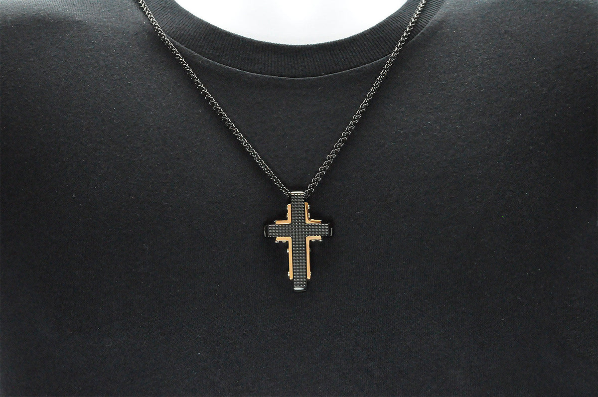 Mens Black And Rose Stainless Steel Textured Cross Pendant Necklace