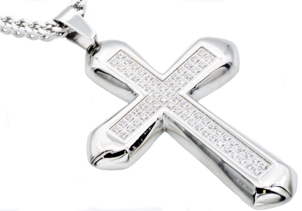 Mens Stainless Steel Cross Pendant With Cubic Zirconia