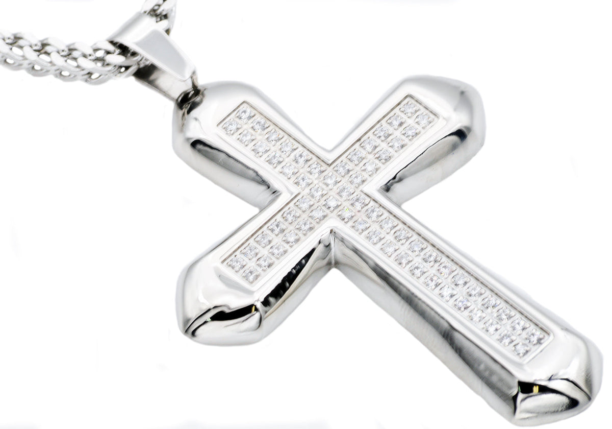 Mens Stainless Steel Cross Pendant With Cubic Zirconia