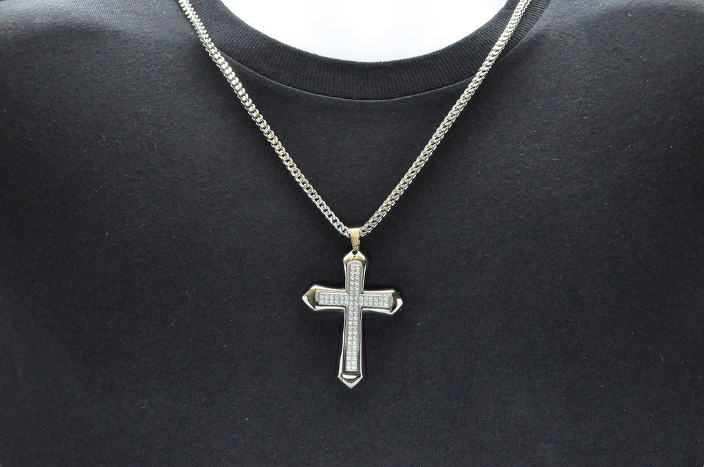 Mens Stainless Steel Cross Pendant With Cubic Zirconia