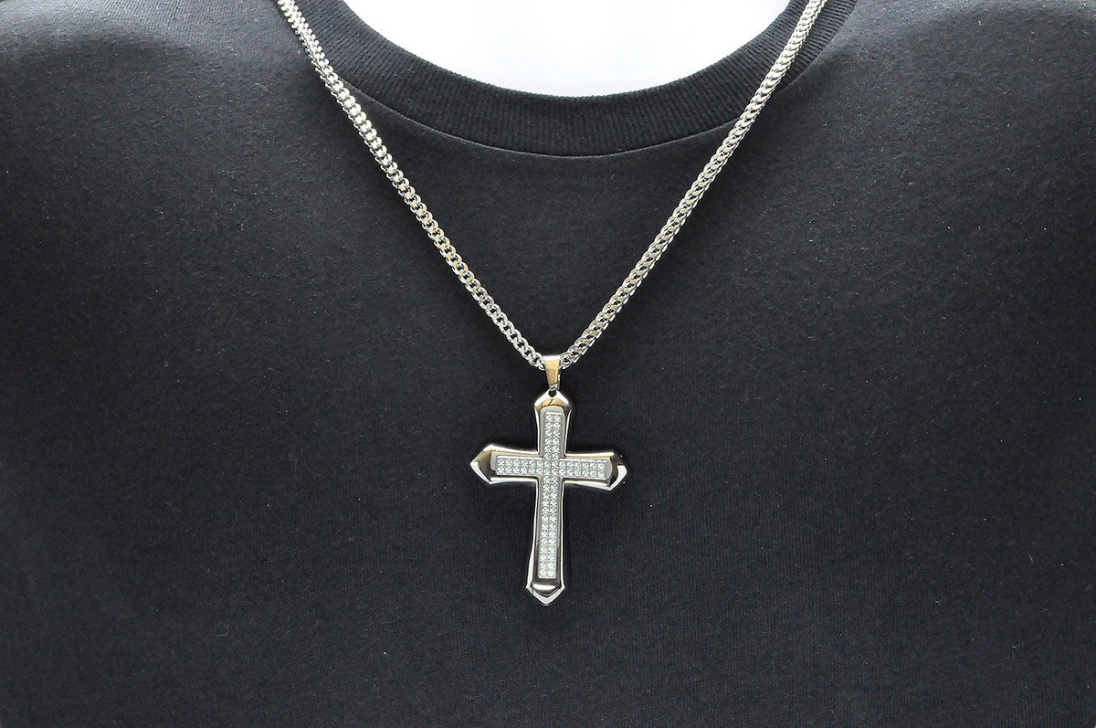 Mens Stainless Steel Cross Pendant With Cubic Zirconia