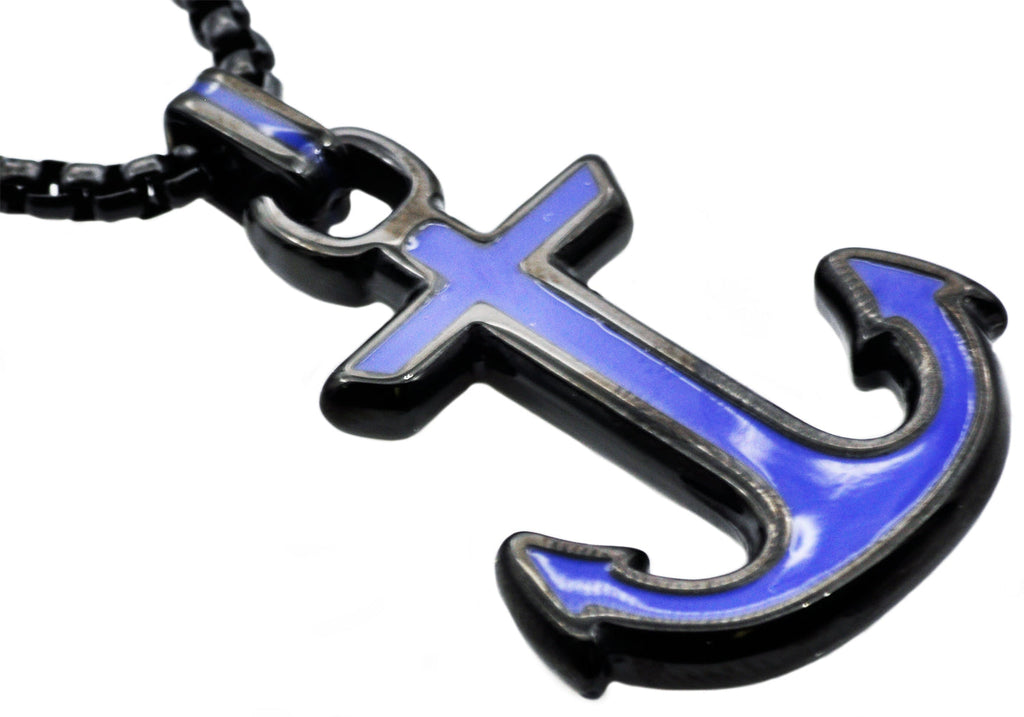 Mens Black And Blue Stainless Steel Anchor Pendant Necklace