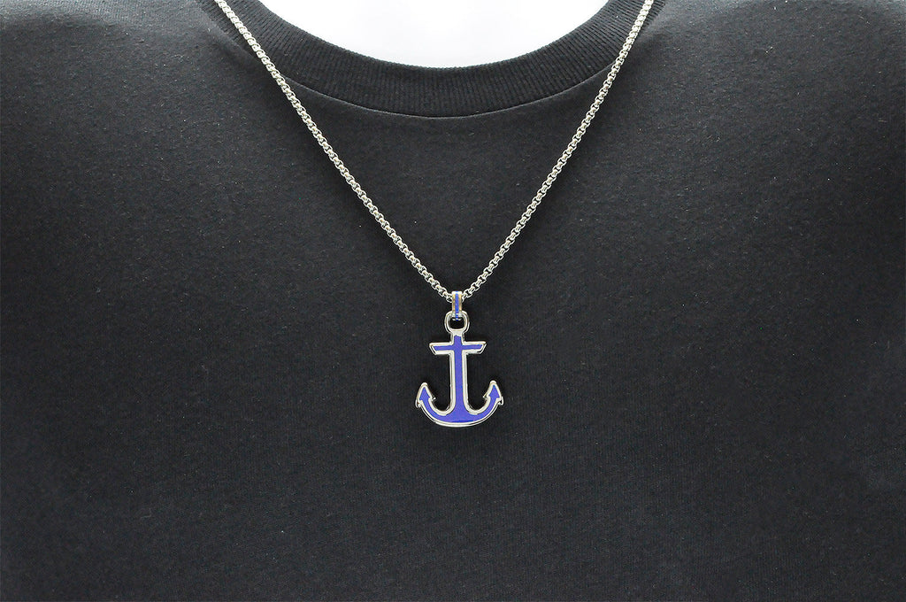 Mens Blue Stainless Steel Anchor Pendant