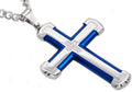 Mens Blue Stainless Steel Cross Pendant With Cubic Zirconia