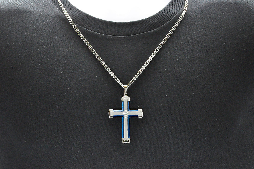 Mens Blue Stainless Steel Cross Pendant With Cubic Zirconia