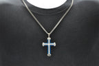 Mens Blue Stainless Steel Cross Pendant With Cubic Zirconia