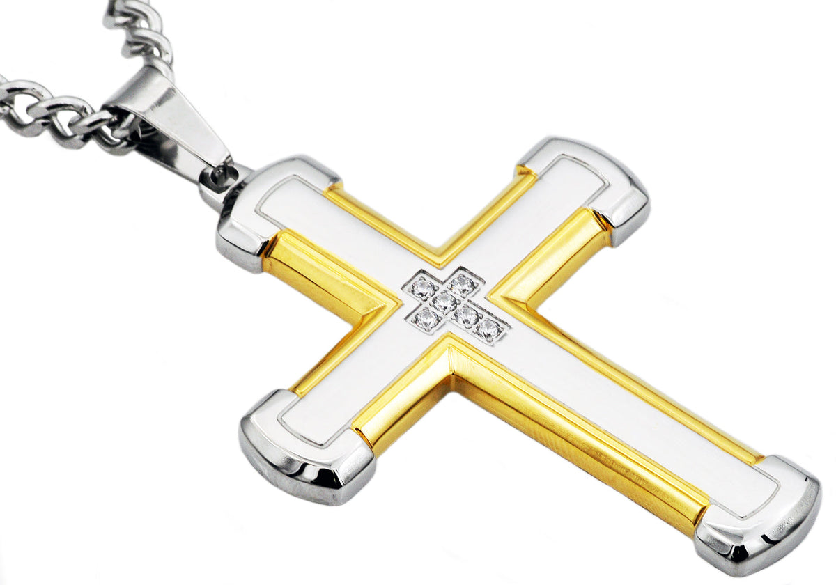 Mens Gold Stainless Steel Cross Pendant With Cubic Zirconia
