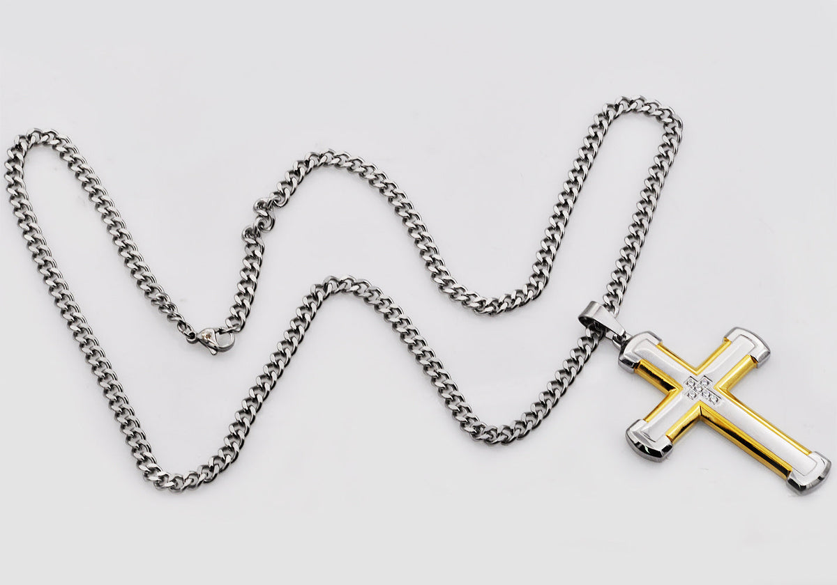 Mens Gold Stainless Steel Cross Pendant With Cubic Zirconia