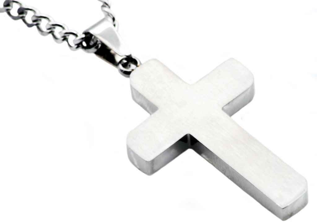 Mens Polished and Brushed Finished Stainless Steel Cross Pendant With 24" Curb Chain