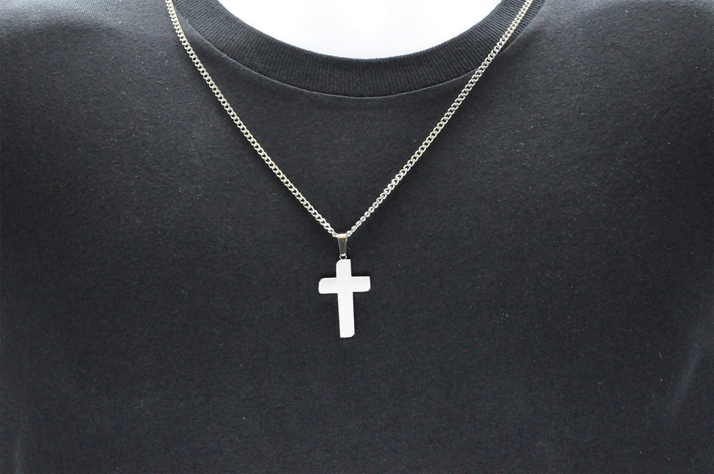 Mens Polished and Brushed Finished Stainless Steel Cross Pendant With 24" Curb Chain