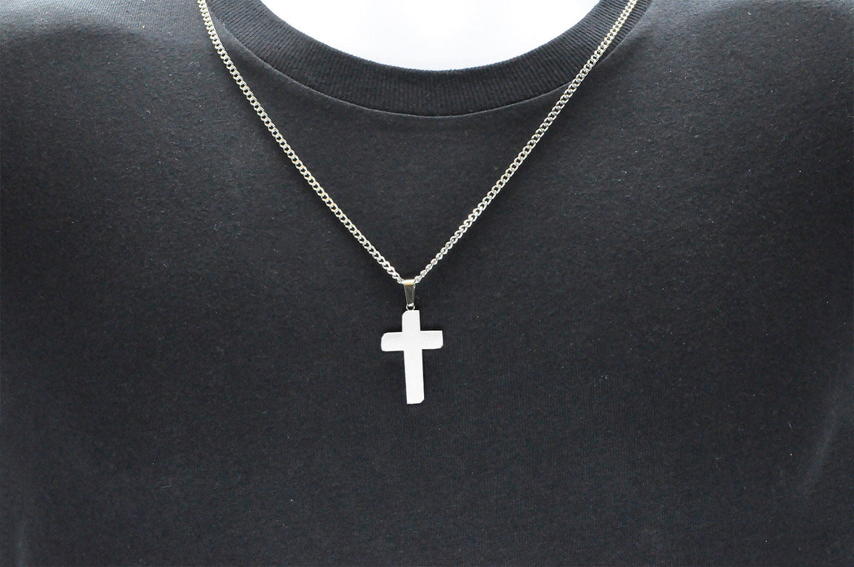 Mens Polished and Brushed Finished Stainless Steel Cross Pendant With 24" Curb Chain