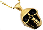 Mens Matte Finish Gold Stainless Steel Skull Pendant Necklace With Black Cubic Zirconia Eyes