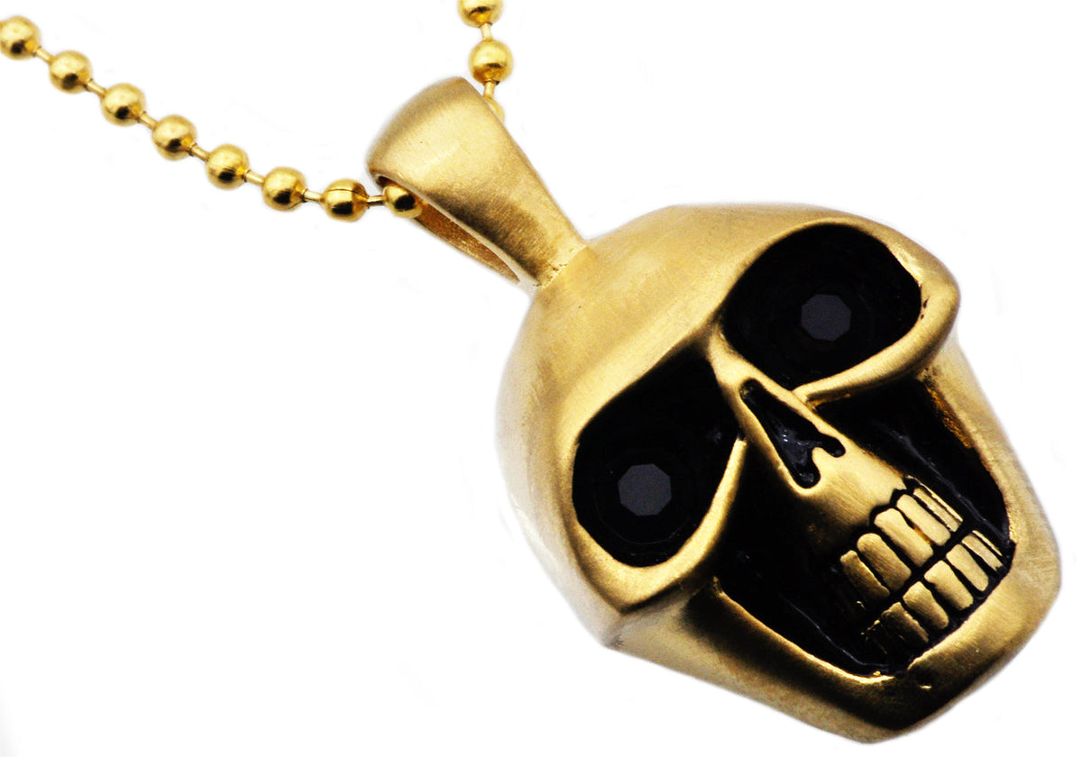 Mens Matte Finish Gold Stainless Steel Skull Pendant Necklace With Black Cubic Zirconia Eyes