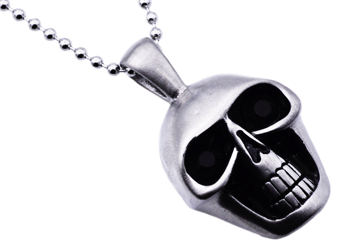 Mens Matte Finish Stainless Steel Skull Pendant Necklace With Black Cubic Zirconia Eyes
