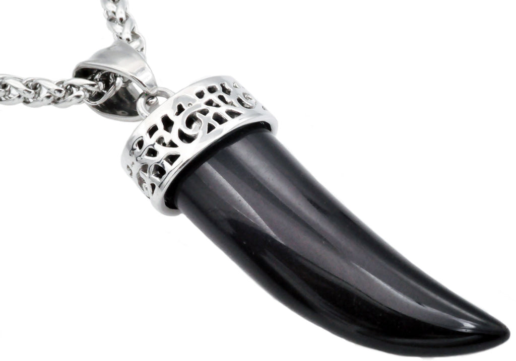Mens Genuine Onyx Stainless Steel Horn Pendant