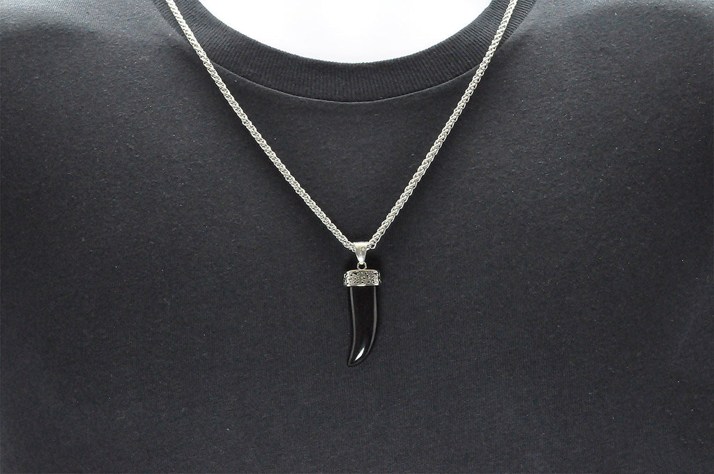 Mens Genuine Onyx Stainless Steel Horn Pendant
