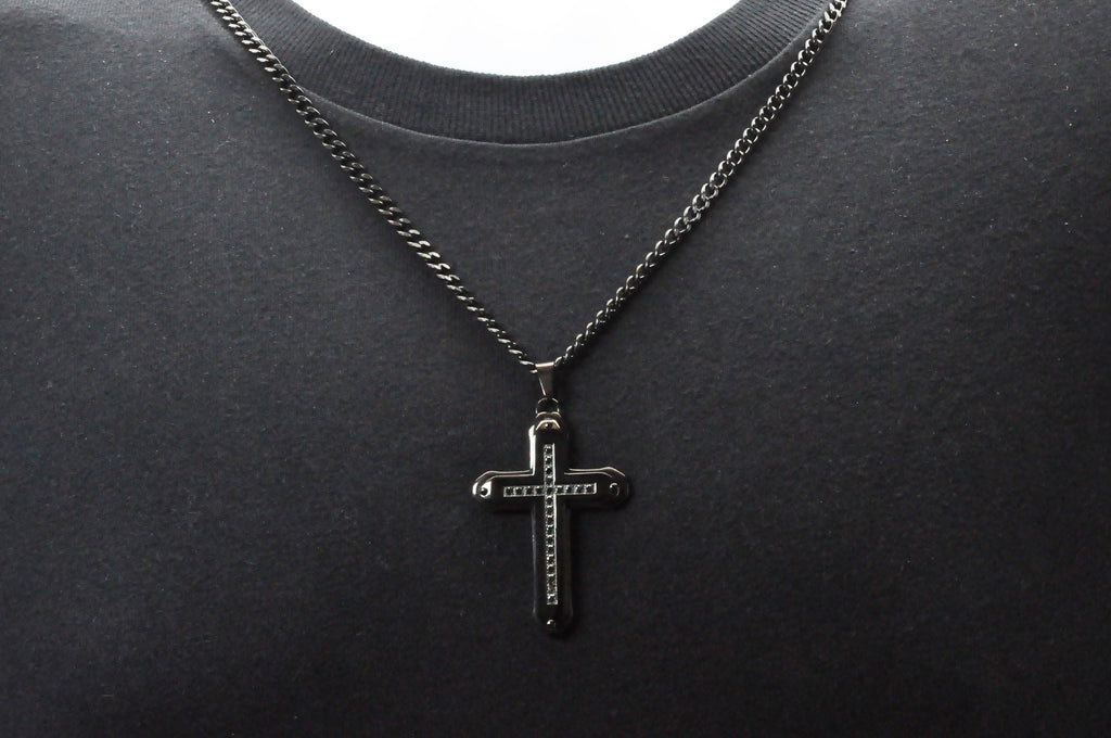 Mens Black Stainless Steel Cross Pendant Necklace With Black Cubic Zirconia