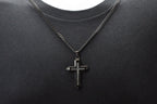 Mens Black Stainless Steel Cross Pendant Necklace With Black Cubic Zirconia