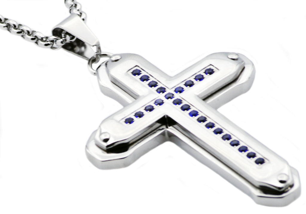 Mens Stainless Steel Cross Pendant Necklace With Blue Cubic Zirconia