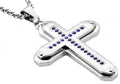 Mens Stainless Steel Cross Pendant Necklace With Blue Cubic Zirconia