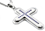 Mens Stainless Steel Cross Pendant Necklace With Blue Cubic Zirconia