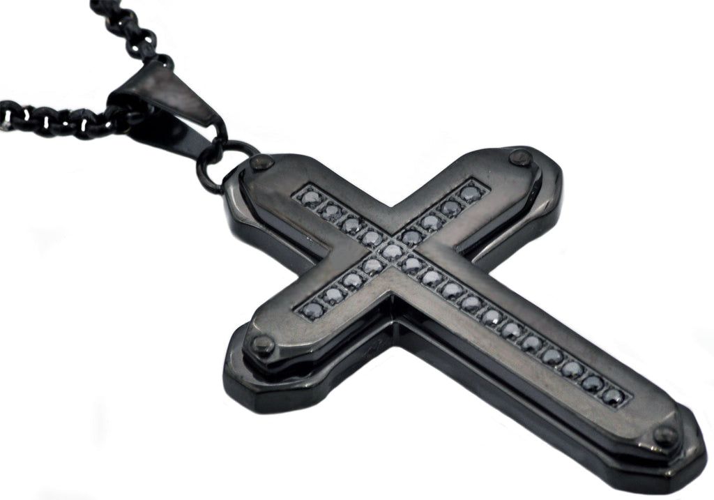 Mens Black Stainless Steel Cross Pendant Necklace With Black Cubic Zirconia