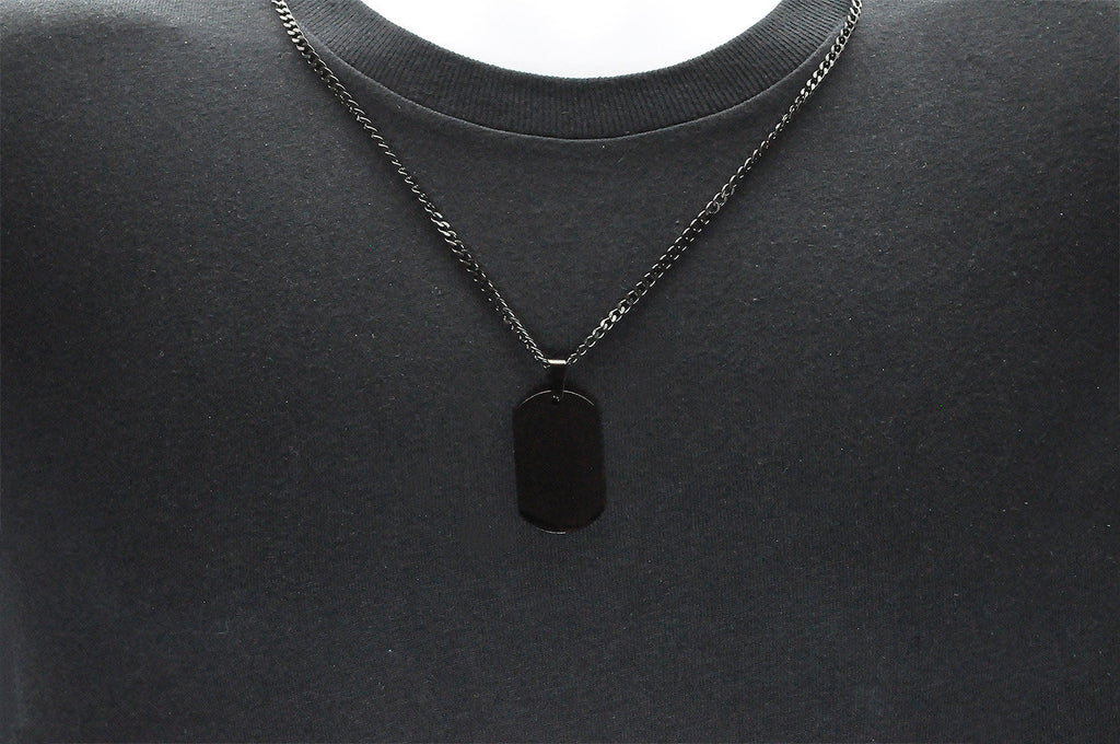 Mens Black Plated Stainless Steel Engravable Dog Tag Pendant Necklace With 24" Black Curb Chain
