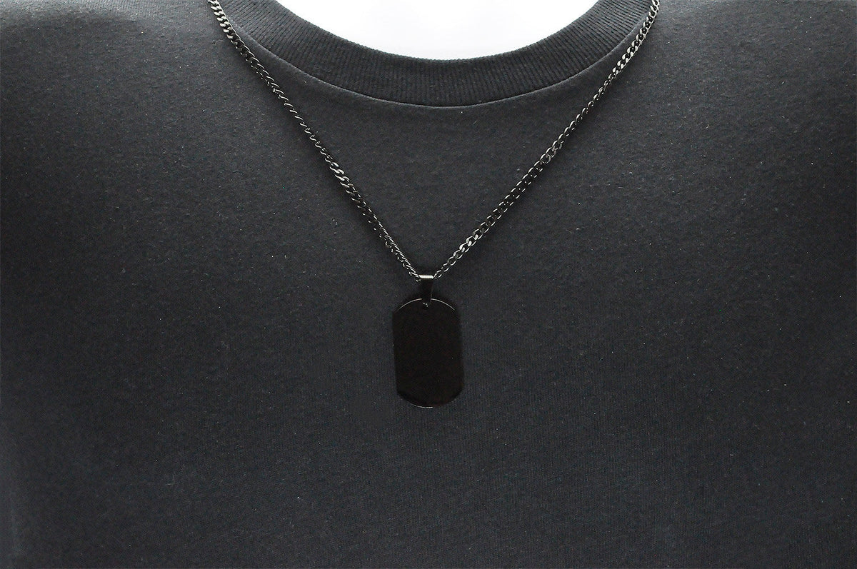 Mens Black Plated Stainless Steel Engravable Dog Tag Pendant Necklace With 24" Black Curb Chain