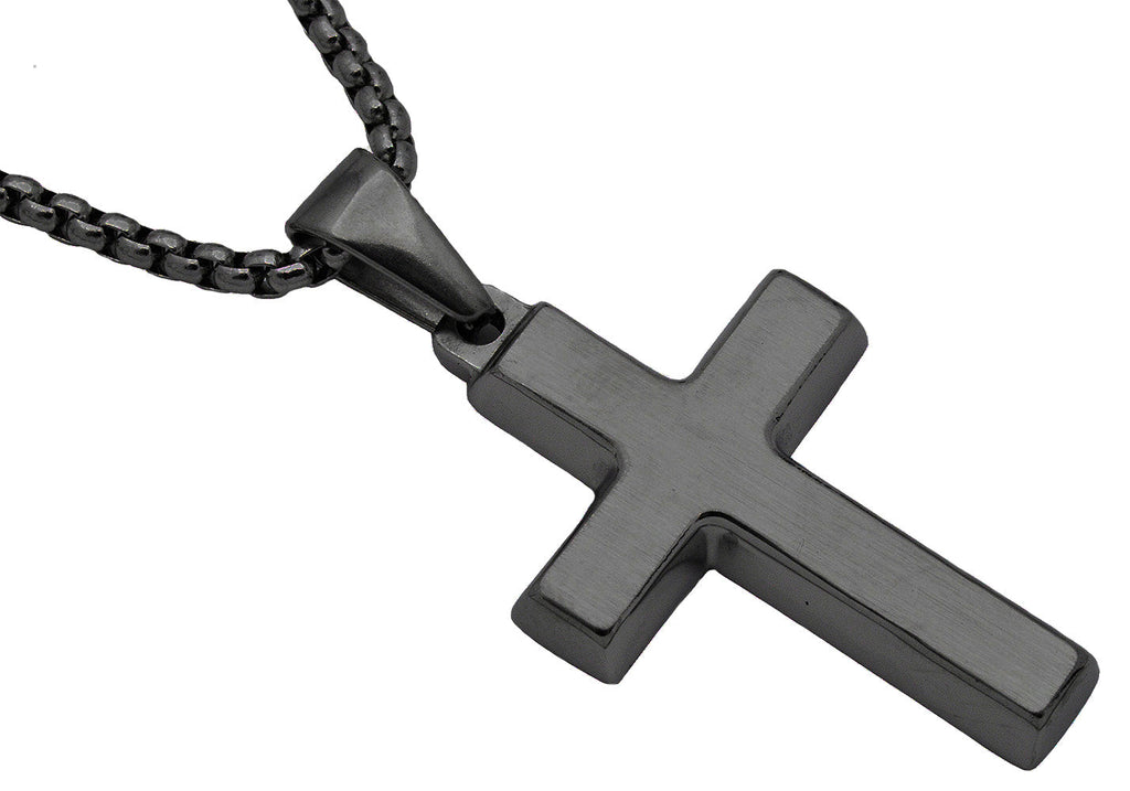 Mens Stainless Steel Black Cross Pendant With 24" Round Box Chain