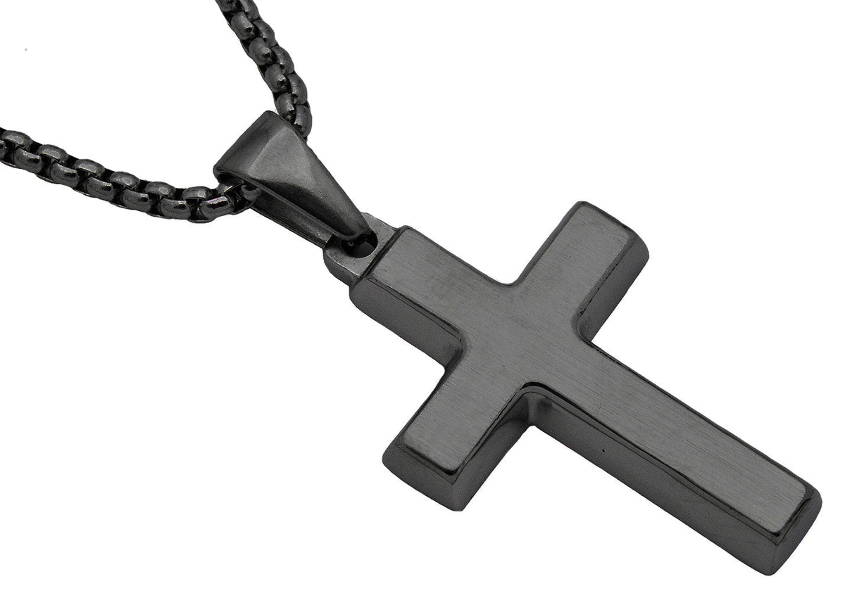 Mens Stainless Steel Black Cross Pendant With 24" Round Box Chain