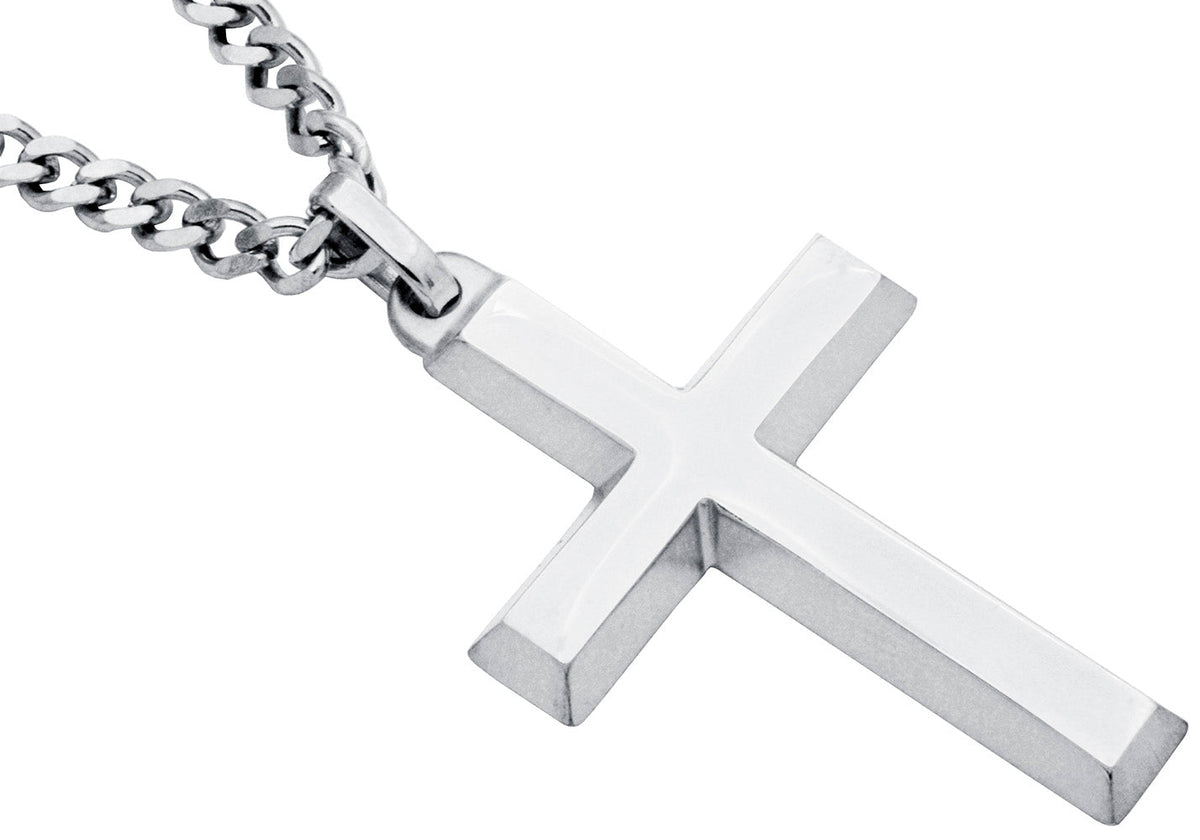 Mens Stainless Steel Plated Cross Pendant With 24" Curb Chain
