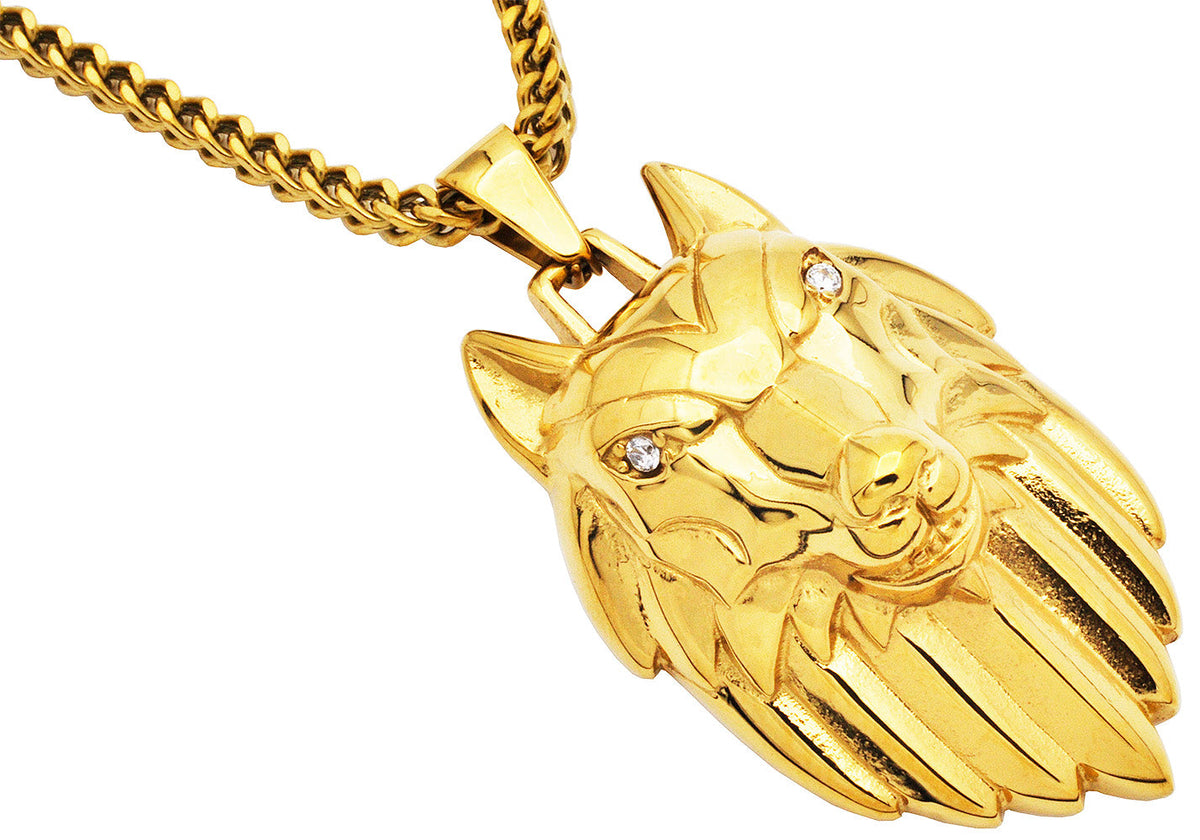 Mens Gold Plated Stainless Steel Wolf Head Pendant With Cubic Zirconia and 24 inch Gold Plated Franco Chain