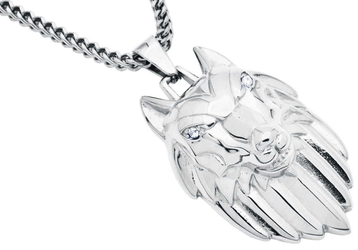 Mens Stainless Steel Wolf Head Pendant With Cubic Zirconia and 24 inch Franco Chain